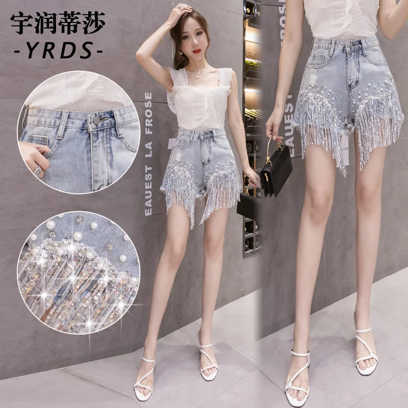 

Elegant Celebrity Inspired Shorts Women's Trendy Net Red High Waist Diamond Set Heavy Industry Tassels Denim Hot Pants