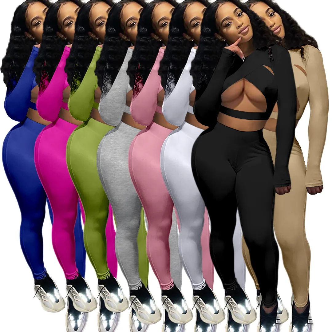 

Wholesale 2021 Fall Outfits Cross Wrap Long Sleeve Fitness Leggings Ladies Workout Clothing Two Piece Pants Crop Top 2 Piece Set
