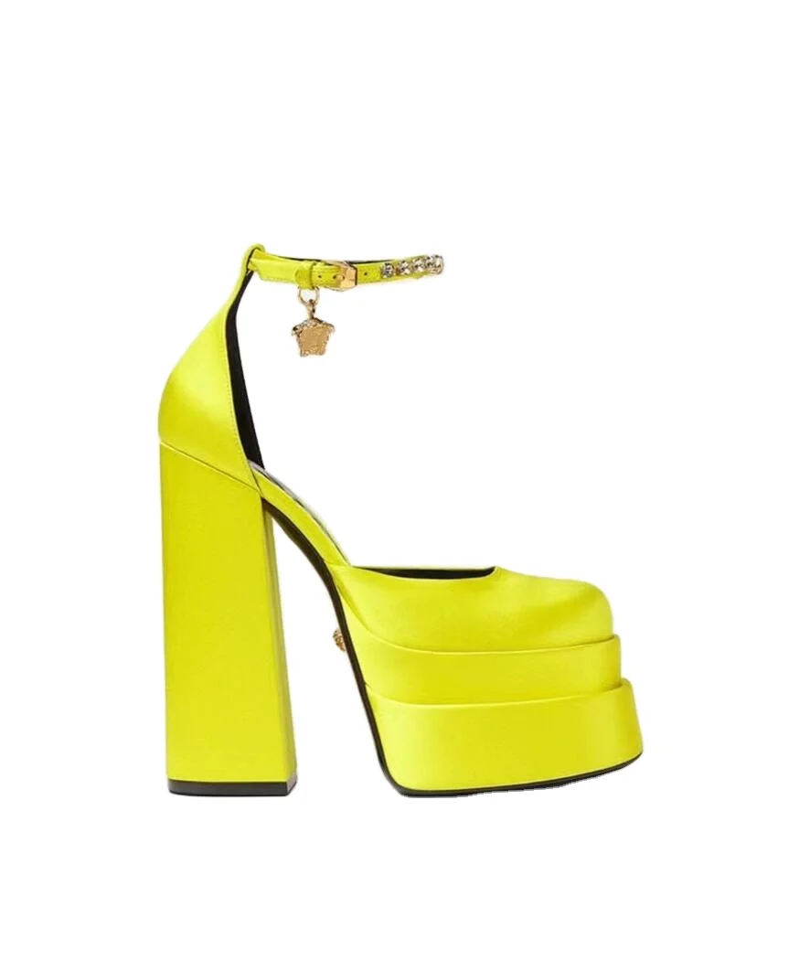 

Top quality original packaging Italian high-grade fashion shoes. Satin Medusa high heels. Diamond chain verrsace women's sandals, Multicolor