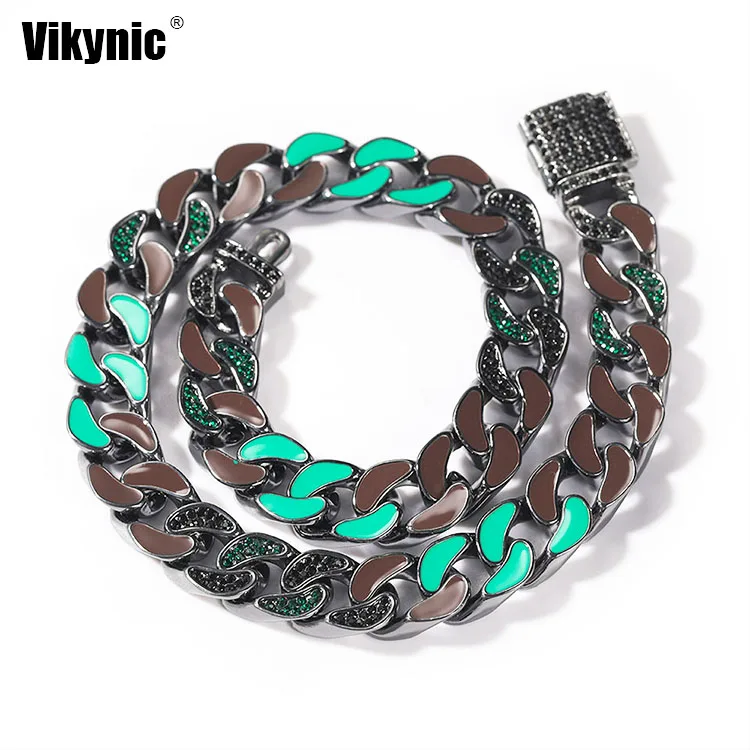 

Alloy Diamond Cuban Chain Necklace European and American hip-hop trendy brand mixed color dripping oil hiphop men's necklace