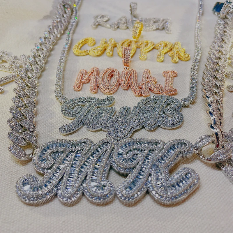 

Custom Name Cuban Link Chain Necklace 18k Gold Plated CZ 2 Layer Iced Out Baguette Full Zircon Letter Name Rapper Bling Jewelry, Gold/silver/rose gold