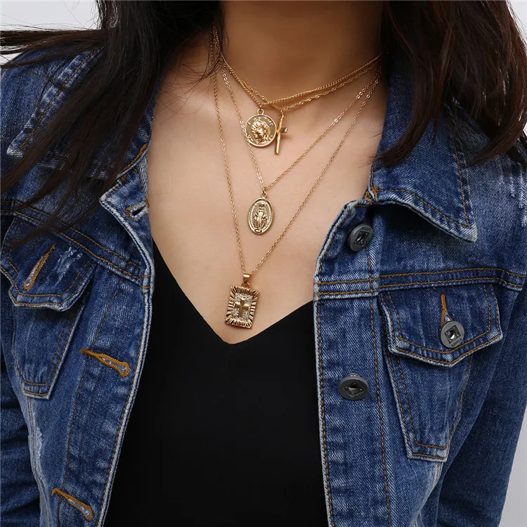 

Simple Design Big Long Chain Geometric Square Cross Necklace Muliti Layered Virgin Mary Sweater Necklace