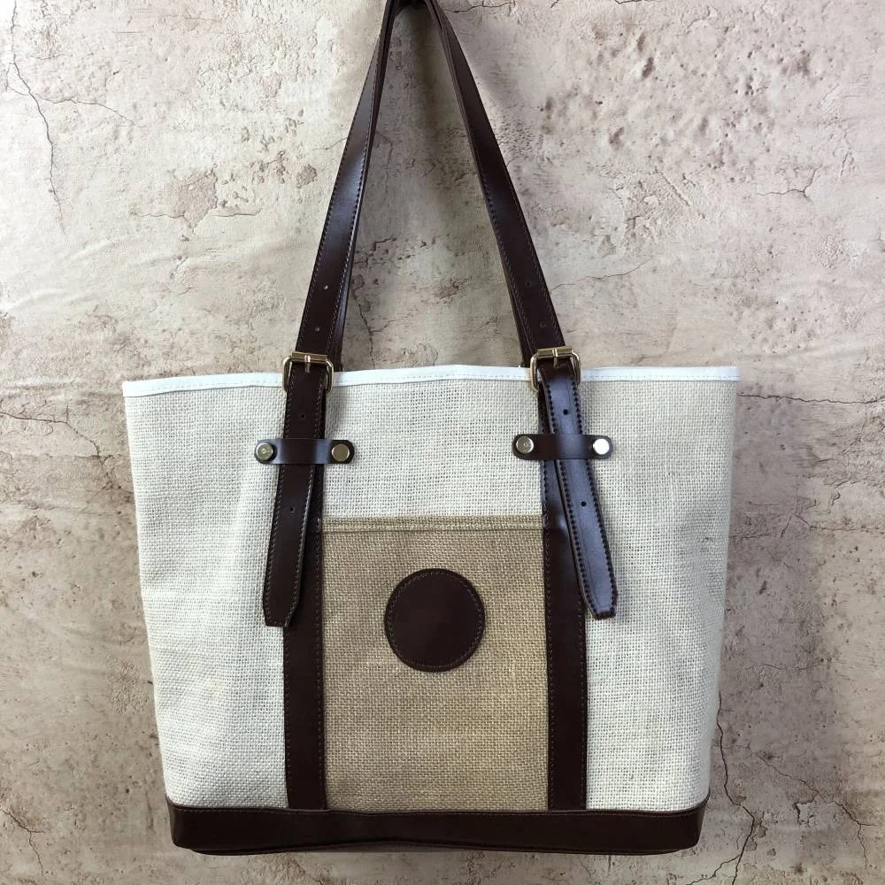 

Waterproof Burlap Handbags Women Large Capacity Shoulder Beach Bag Reusable Shopping Tote Weekend Lady Bag With PU Leather Trim, Customized