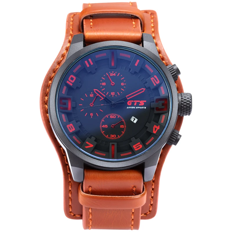 

New GTS Mens Watches Luxury Sports Watch Brown Leather Military Waterproof Watch for Men, 4 colors