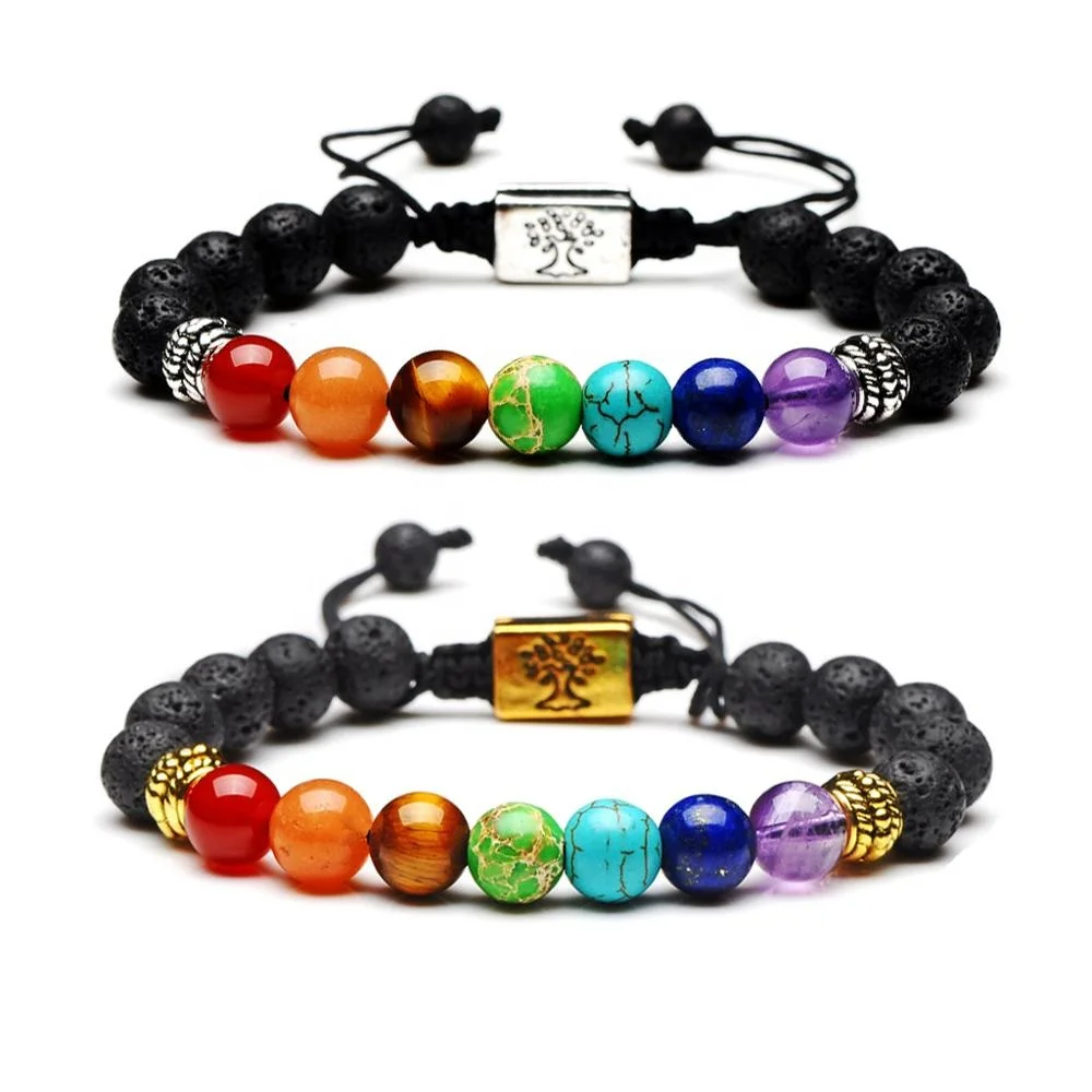 

7 Chakra Healing Bracelet Real Stones Volcanic Lava Mala Meditation Bracelets Wrap Stretch Charm Bracelets