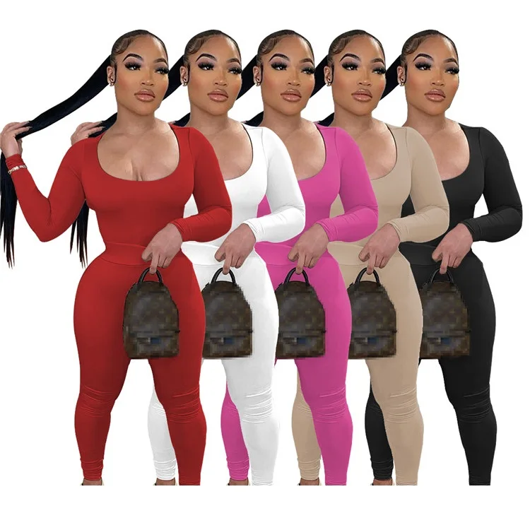 

Fashion Ladies Gym Sweatsuit Long Sleeve Tops Solid Tight Fall Women Two Piece Pants Set