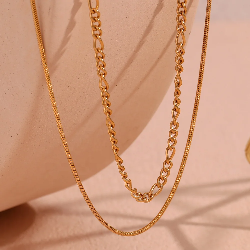 

Double Layer Figaro Chain &Snake Chain Necklace PVD Gold Plated Stainless Steel Jewelry joyeria de acero inoxidable