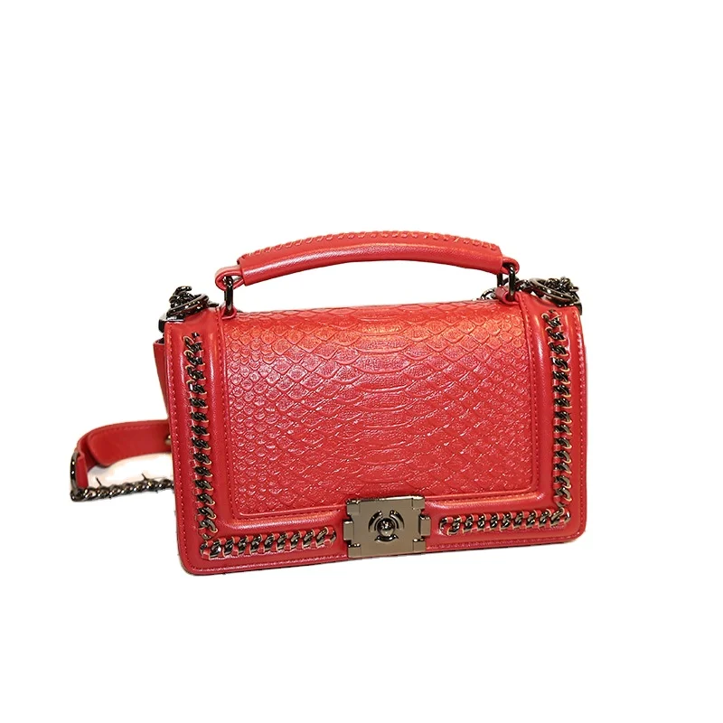 

TS9057 Snake pattern bag Embossing handmade Stringing real leather bag with chain for women designer bag and purses