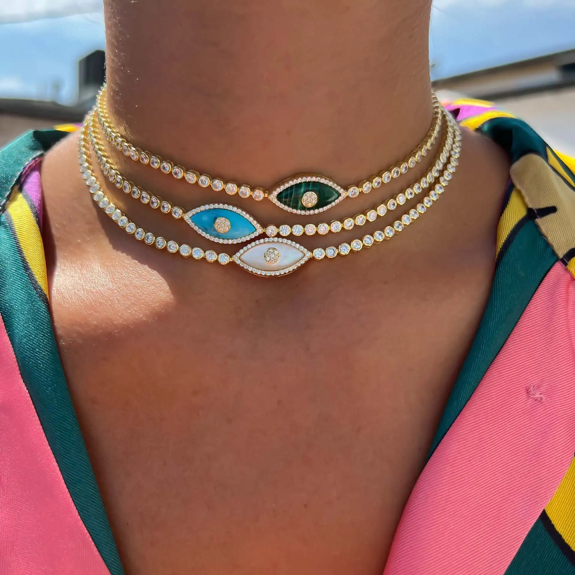 

enamel diamond choker evil eye layered necklace for woman