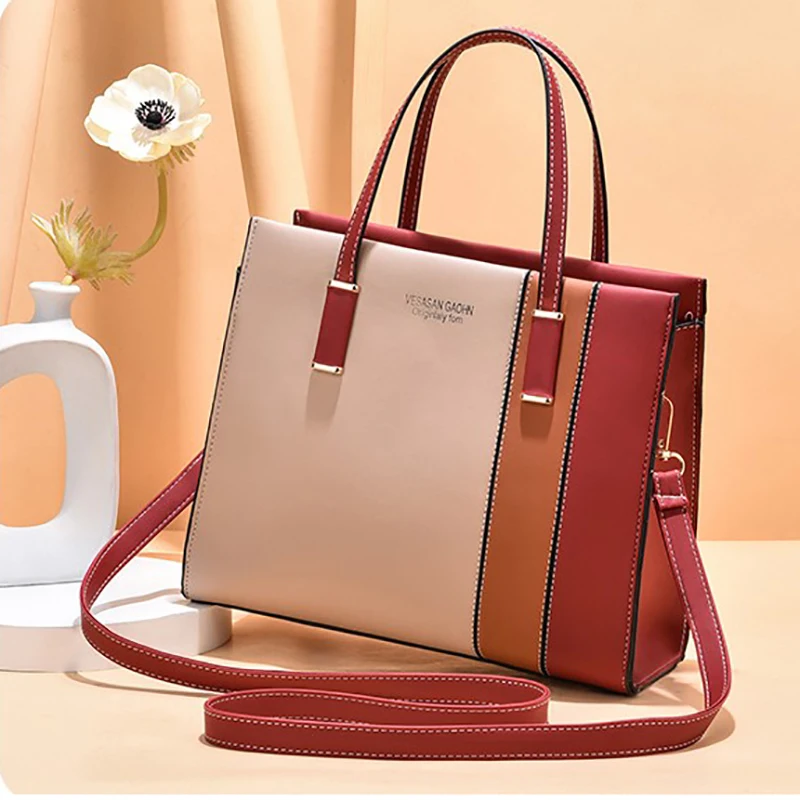 

Spring Casual Tote Bag Big Shoulder Bags PU Leather Messenger Crossbody Contrast stitching women hand bags, 5 colors