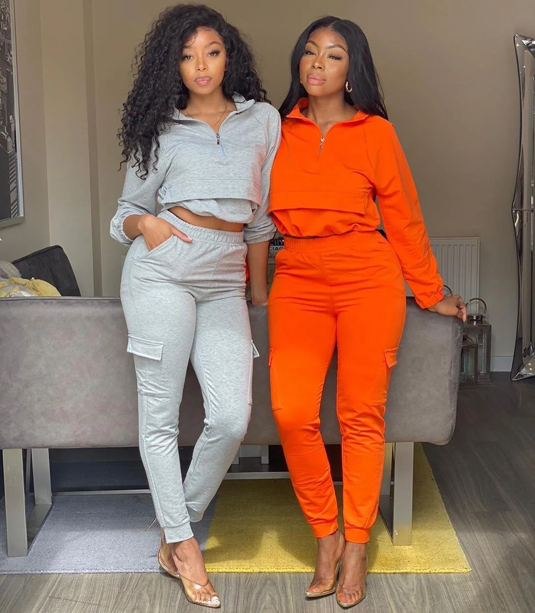 

B63906A Hot style American women's fashion casual zipper long sleeve suit, Orange/gray