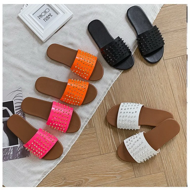 

Curlyfur 2021 Trend Summer Nail Beach Outdoor Slides Slippers Bling Rivet Jelly Sandals, 4 colors