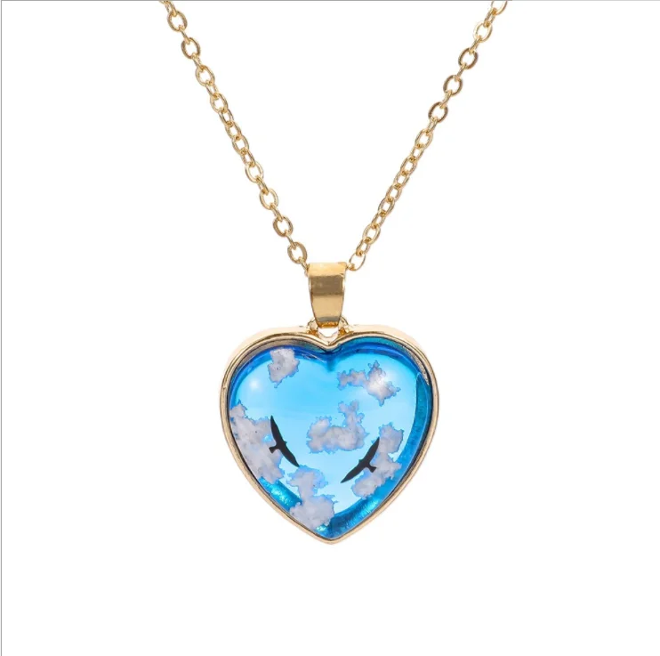 

Nature Blue Sky White Necklace For Girls Cloud Resin Transparent Ladies Necklace Jewelry Gift Women Heart Necklaces, Picture