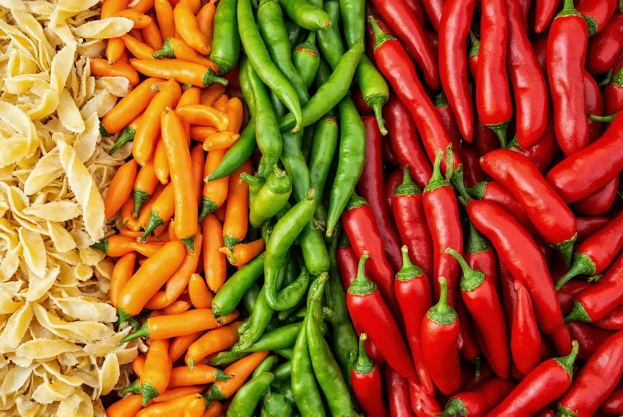Variety of chili peppers next to different pasta shapes for cooking reference