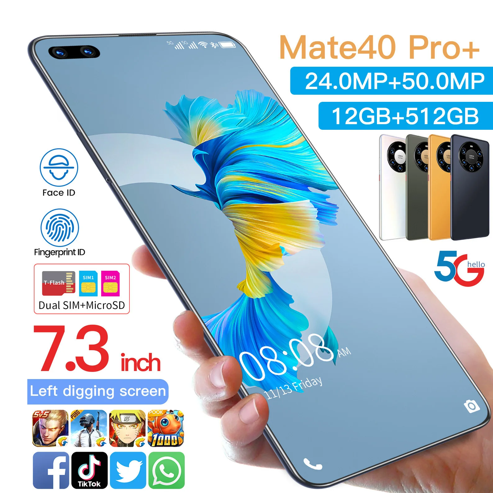 

Hot Selling Mate 40 Pro+ face fingerprint unlock full Display Android 10.0 CellPhone Smart Mobile Phone, Black yellow gray white