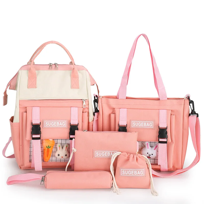 

Newest Hot Large Japanese Style Pink Lovely School Backpack Set Bag Girls Fashion Schoolbag 4PCS High School Bag Set For School, Pink, black, green,green, or customized