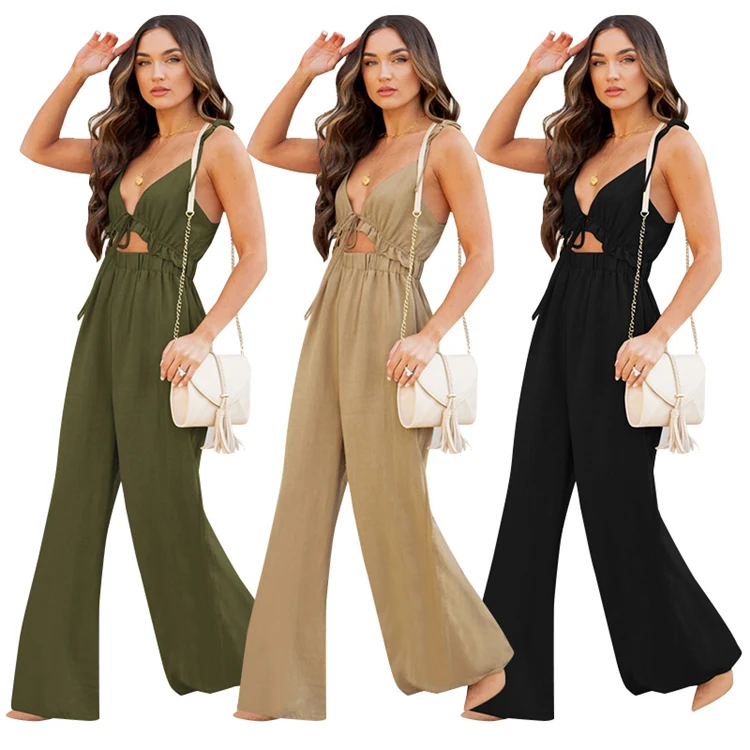 

DUODUOCOLOR New 2021 casual romper for women pure color hollow out v-neck sleeveless jumpsuit wide leg D98120, Black, army green, apricot