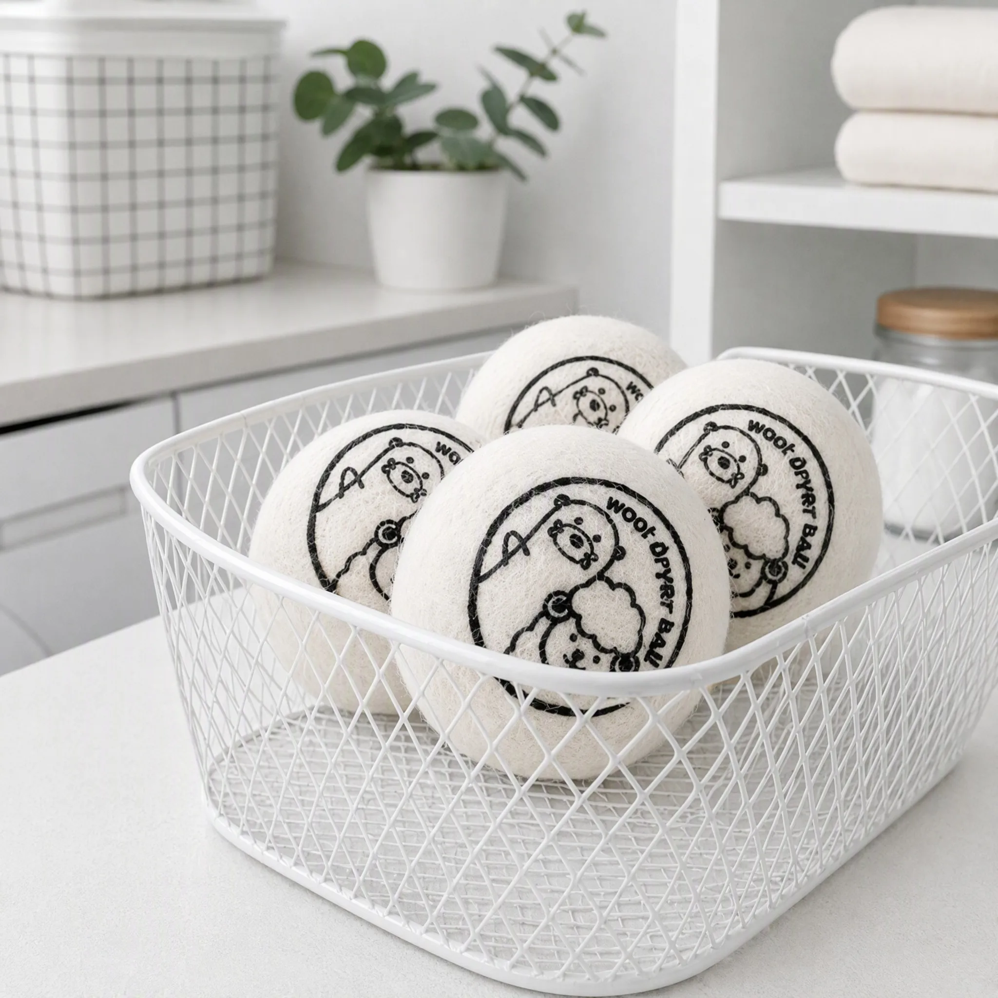 Custom printed wool dryer balls with a circular logo print arranged in a white wire basket in a styled laundry room
