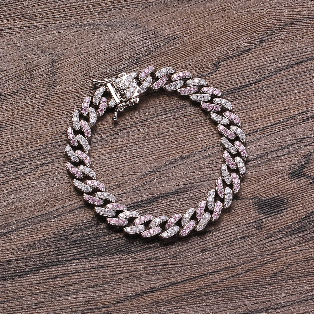 

Hip Hop Pink Crystal Rhinestone Stone Cuban Chain Full Diamond Iced Out Cuban Link Bracelet