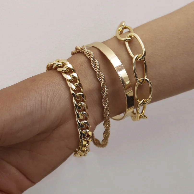 

5 Pieces Set Love Gold Charm Cuff Cuban Link Bracelet Bangle Women Jewelry Multilayer Bracelets & Bangles, Glod,silver