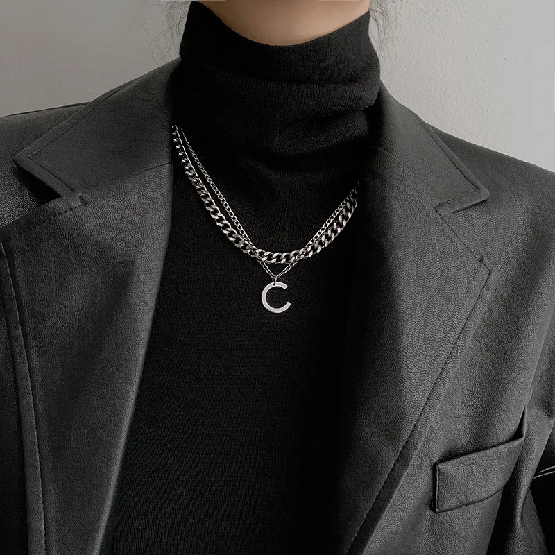 

2022 men fashion titanium steel letter double layer necklaces initial silver sweater chain stainless steel necklace men women, 5 colors