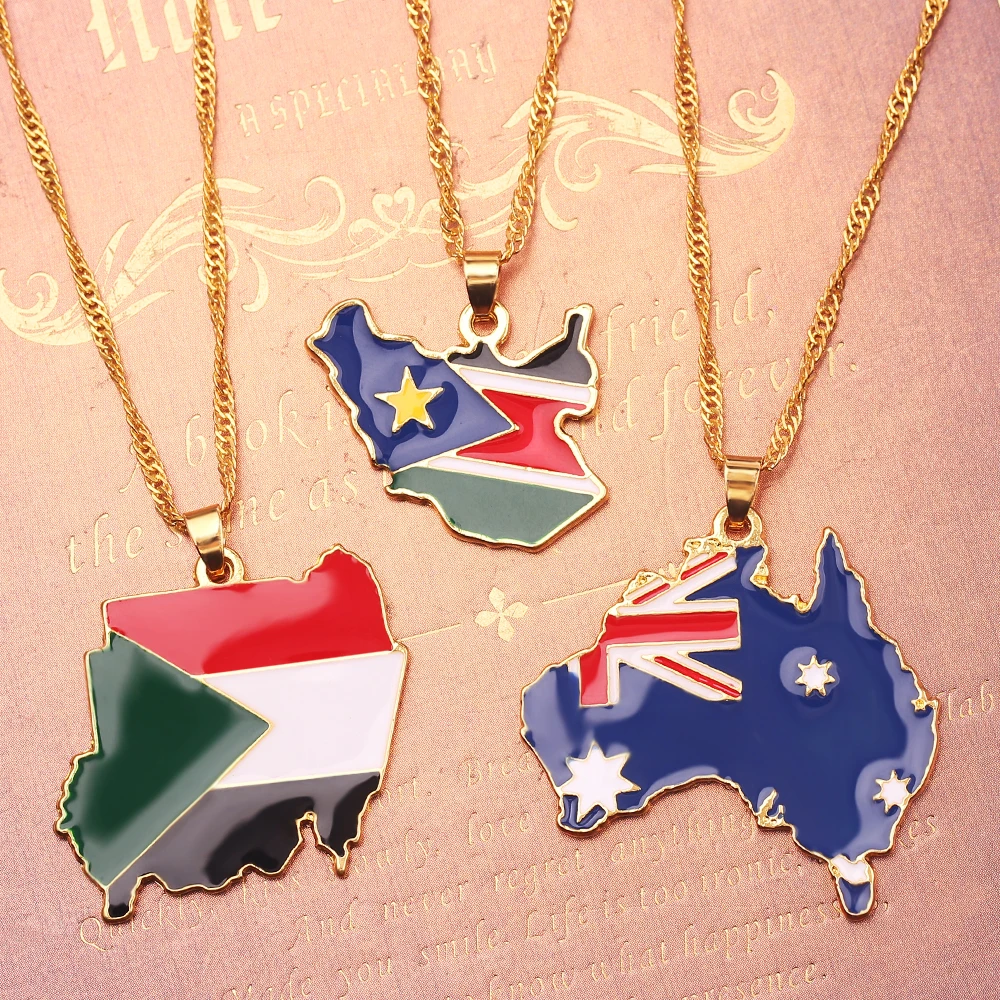 

New Hot Sale Multiple Country Map Necklace Men's and Women's Souvenir Gift Gold Plated National Flag Alloy Pendant Necklace