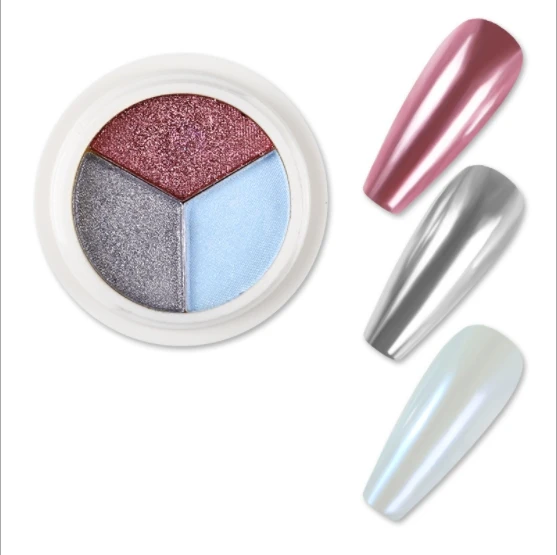 

JSM BEAUTY Super Bright Nail Art Triple Color Solid Mirror Powder Aurora Magic Powder Rose Gold Powder 3 in 1, As photo show