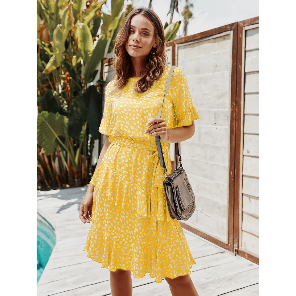 

2021 New Arrivals Summer Dresses Women Casual Polka Dot Short Sleeve Double Layers Fashion Ruffles Dress Clothing Wholesale