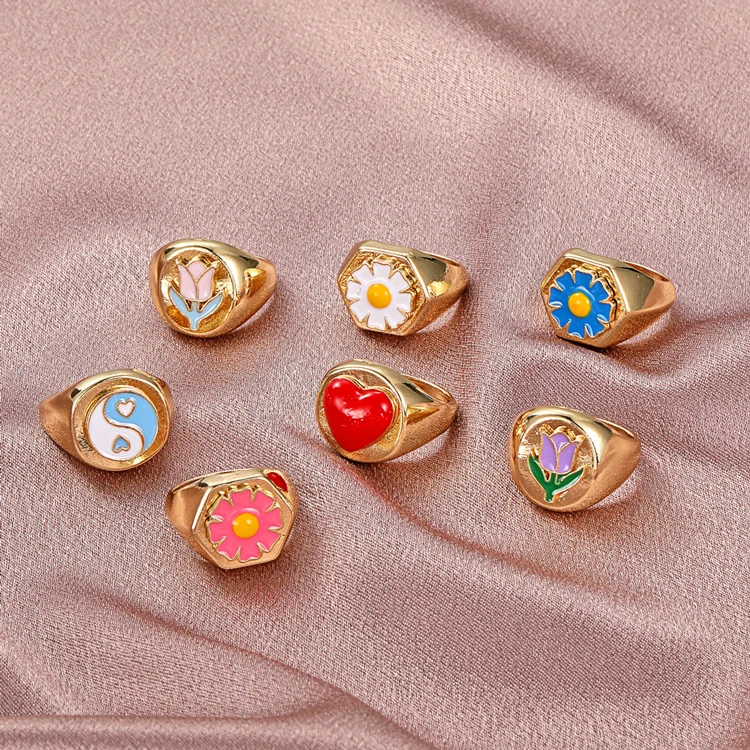 

Fashion Stainless Steel Enamel Finger ring Jewelry Women's Exquisite Butterfly Turtle Clover Daisy Tulip Red Heart Yin Yang Ring, Gold plating
