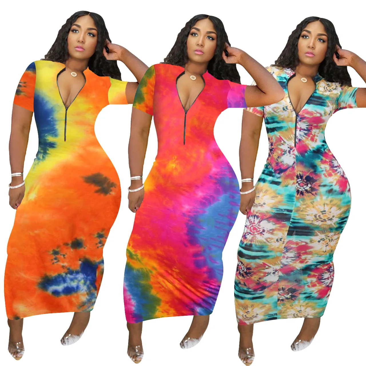 

Hot Sell summer Fashion Comfortable casual V neck zipper Loose Women Clothing Lady Tie dye Short sleeve Dress, 3 colors