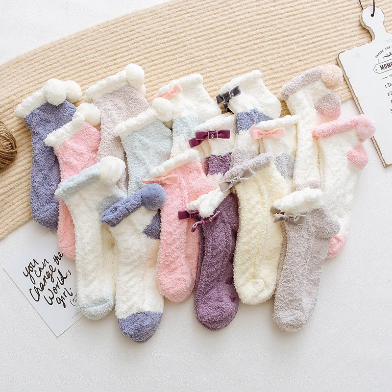 

XIANGHUI wholesale can custom logo vivid color coral fleece warm sleeping floor fuzzy socks women