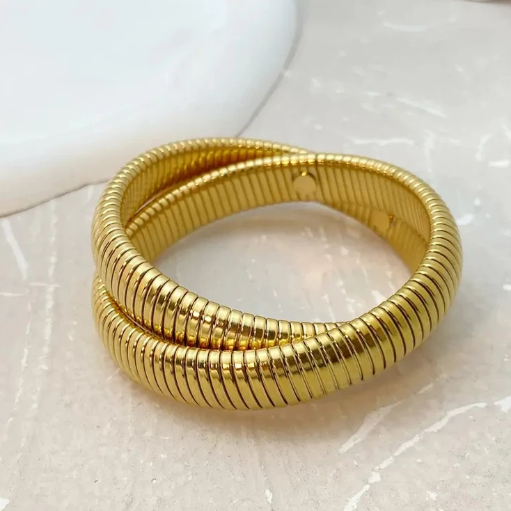 

Hot selling luxury gold plated double layer bracelet jewelry stainless steel snake shaped double ring wrapped elastic bracelet