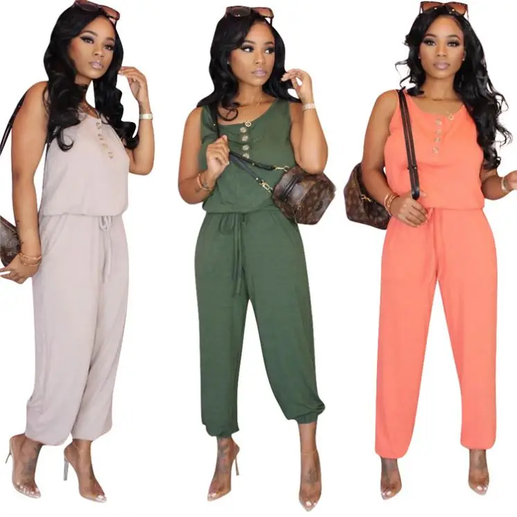 

D94258 Summer women clothing 2021 solid color cute jumpsuits sleeveless plus size jumpsuit with botton