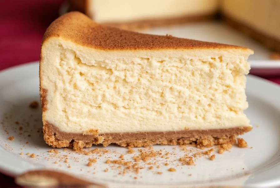 Sliced cinnamon cheesecake with perfect texture showing clean knife cut and cinnamon swirl pattern on white plate