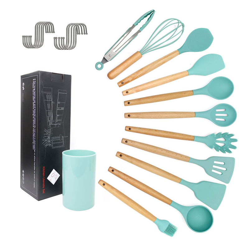 

Cathylin kitchen accessories cooking utensils, silicone wooden Kitchenware, Black/ blue/ gery
