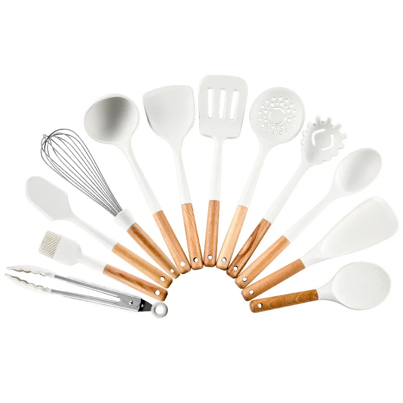 

12 Pieces In 1 Set Silicone Kitchen Accessories Cooking Tools Kitchenware Cocina Silicone Kitchen Utensils With Wooden Handles, White