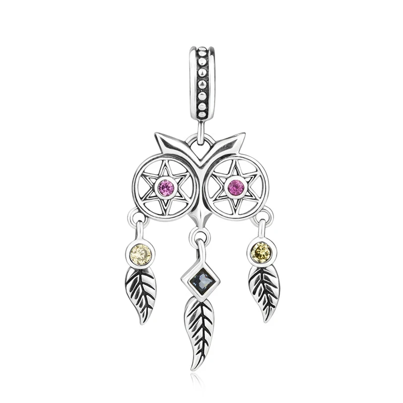 

SG 925 silver owl dream catcher beads with CZ fit original Europe charms bracelet for women