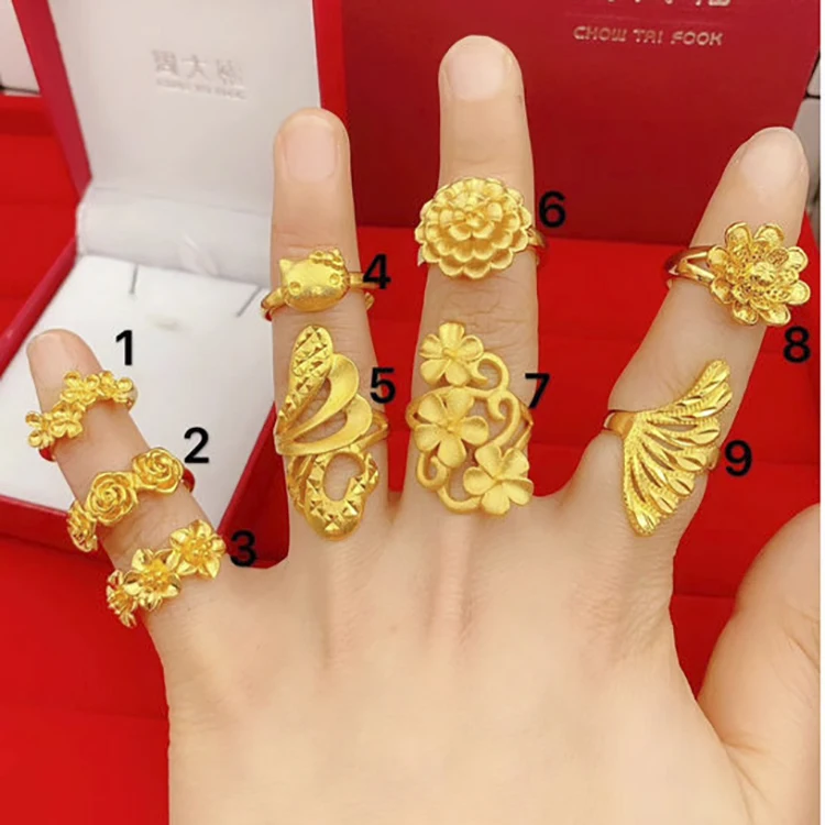 

Brass Plated Thick Gold Opening Retro Female Ring Vietnamese Gold Bridal Big Flower Ring Long Lasting Color Jewelry