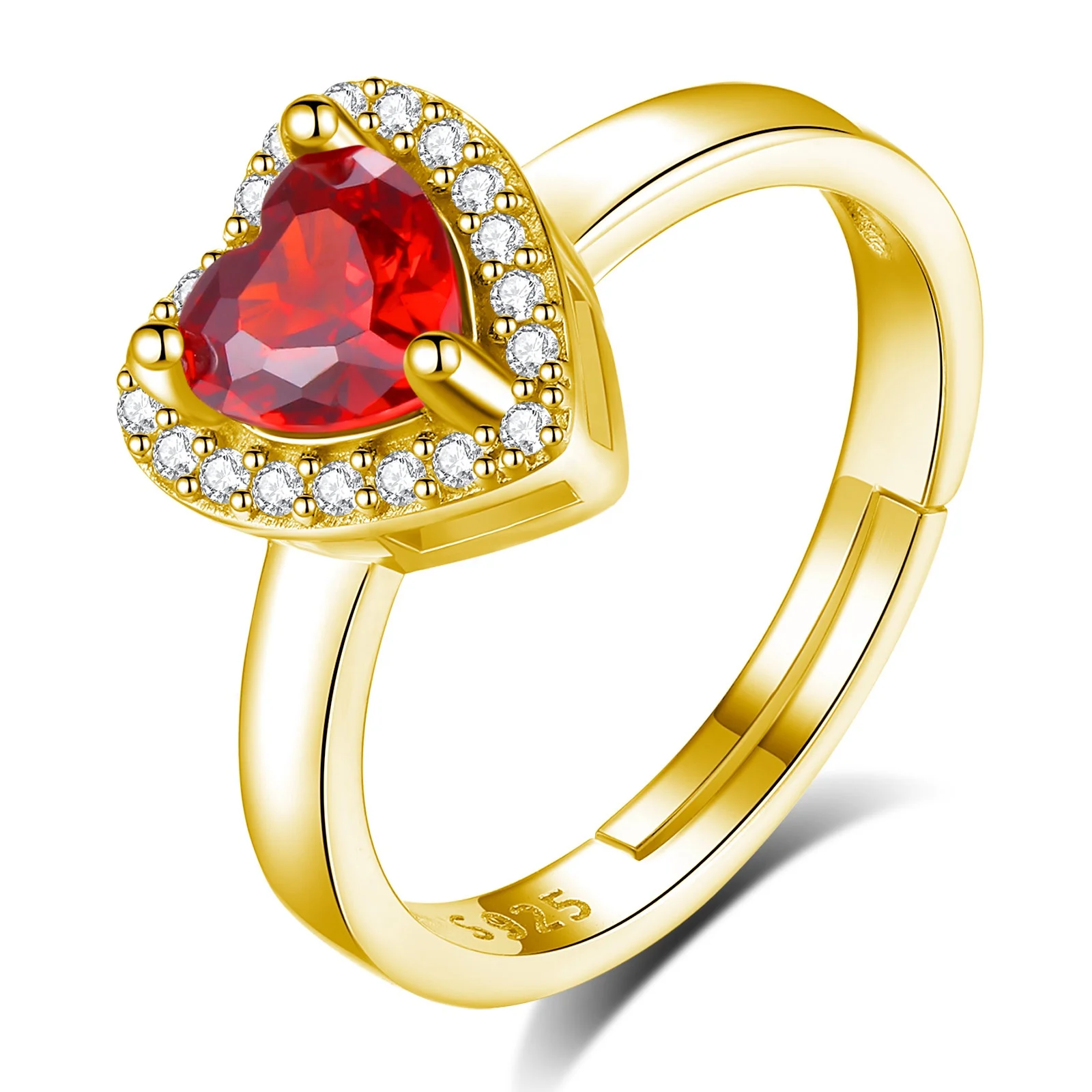 

2023 Valentines Day Gift Adjustable Size 925 Sterling Silver 18K Gold Plated Red Cubic Zirconia Diamond Heart Ring for Women