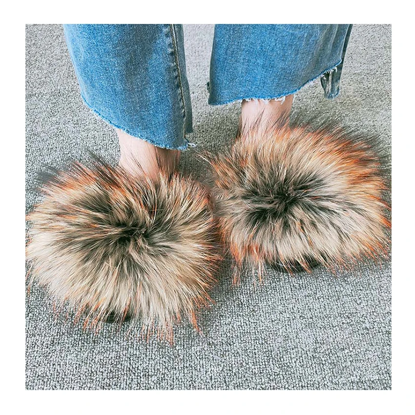 

Fluffy Fur Sandal For Women Outdoor Furry Slides Indoor Racoon Fur Slippers, Customized color