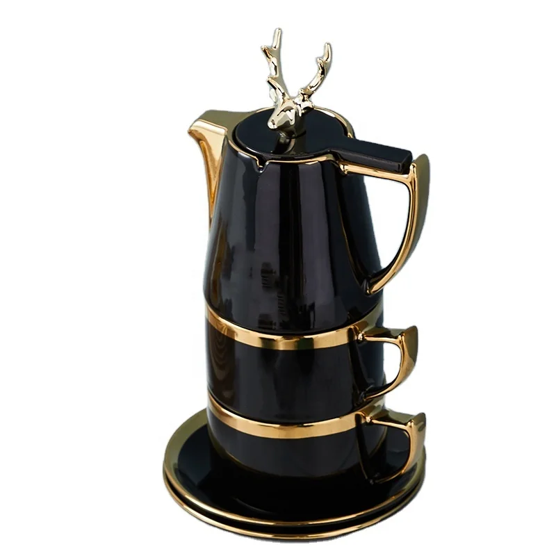

Elk European luxury pot 2 cups 2 saucers gold depicting ceramic tea set with golden rim, Black,white,blackish green,grey