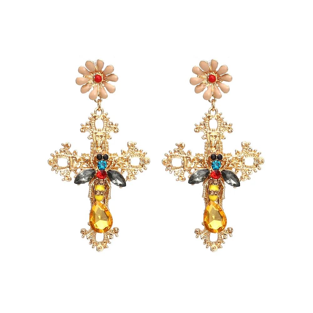

Fashion Baroque Cross Drop Earrings Vintage Women Shiny Rhinestone Crystal Bee Dangle Earrings (KER489), Same as the picture