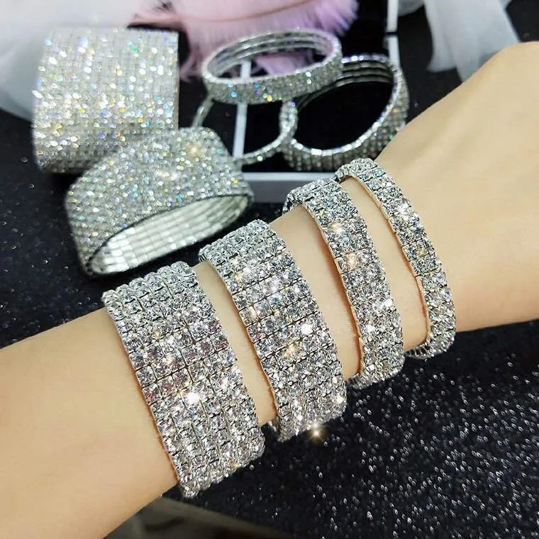 

Luxury baroque shiny full rhinestone diamond elastic  bracelet silver rose gold wide bangle bracelet set for women