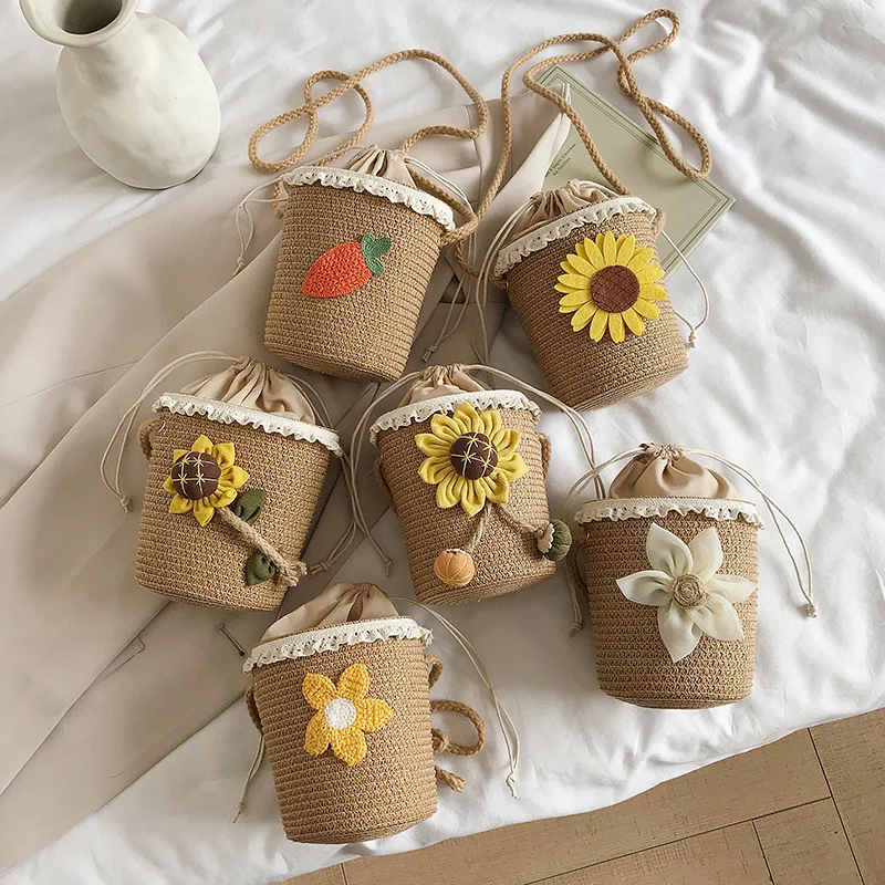 

2021 Summer Beach Lovely Mini Daisy Children Bucket Bags Fashion Single Shoulder Straw Weave Small Purses For Kids, 6 colors