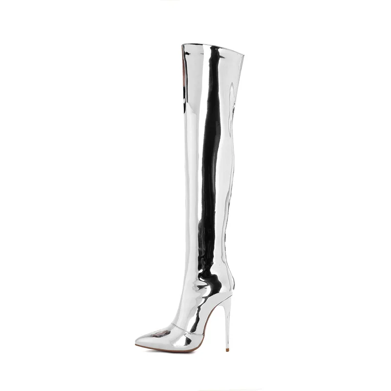 

Stiletto high heel pointed side zipper boots over the knee large size 40-44 patent leather boots for women