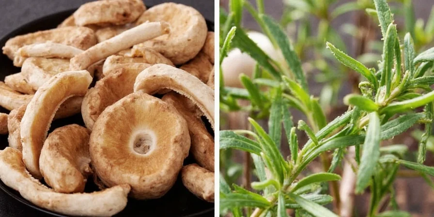 Thyme and mushrooms sautéed in pan