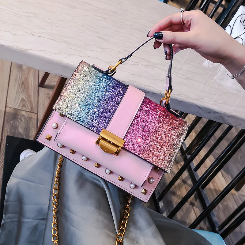 

Autumn New Fashion Women Shiny Sequin One Shoulder Crossbody Bags Party Bag Beaded Rivet Handbag Female Bag, Colored