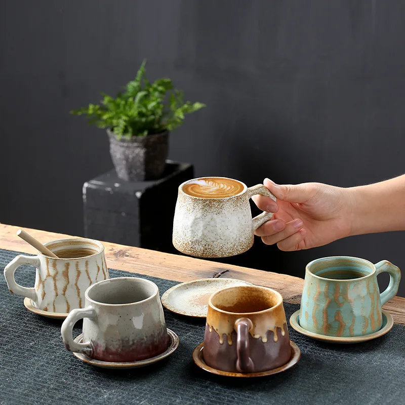 

320ml Japanese style retro restaurant Milk tea Cup coarse pottery coffee cup and saucer ceramic mug