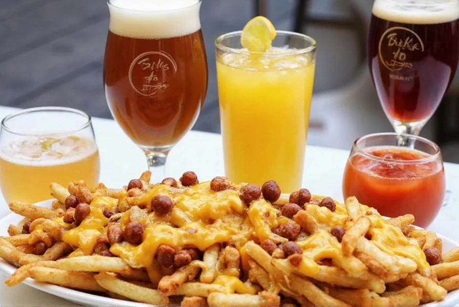 Chili cheese fries served with various beverage pairings including craft beer and lemonade