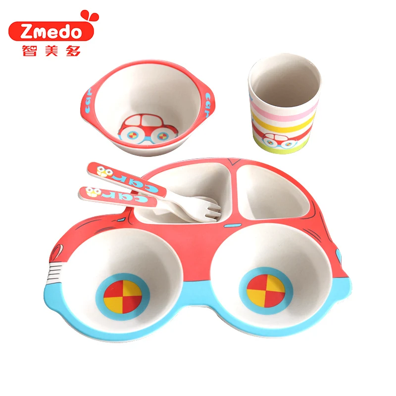 5 piece eco friendly dinnerware car Cartoon biodegradable Bamboo fiber tableware compostable dinnerware set for kids